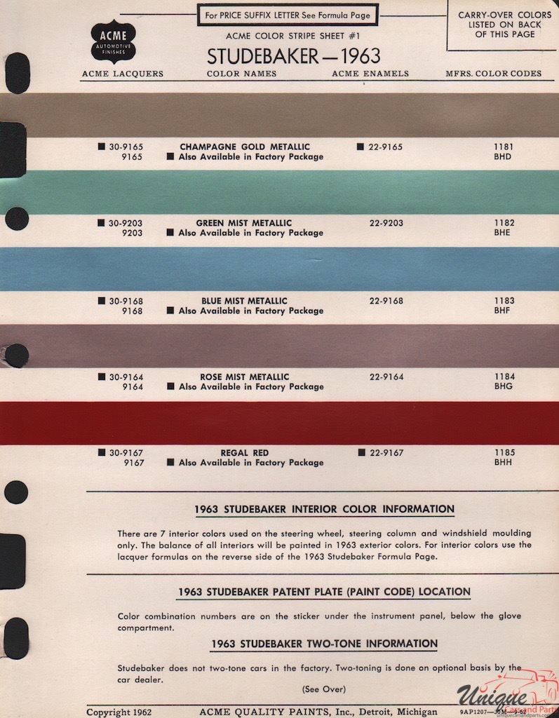 1963 Studebaker Paint Charts Acme 1